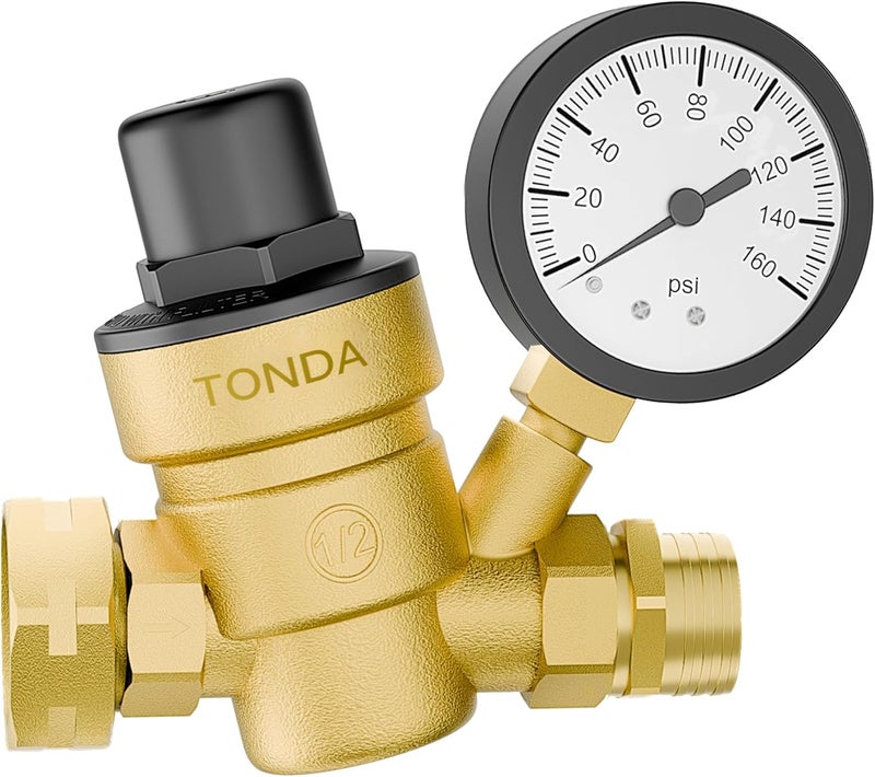 TONDA منظم ضغط الماء للسيارات الترفيهية، منظم ضغط قابل للتعديل خالي من الرصاص مع مقياس وفلتر شاشة مدخل لخرطوم ماء السيارات الترفيهية - Image 1